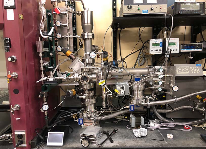 Temperature programmed desorption system inside a laboratory against a wall, comprising of a network of pipes, valves, and control mechanisms.